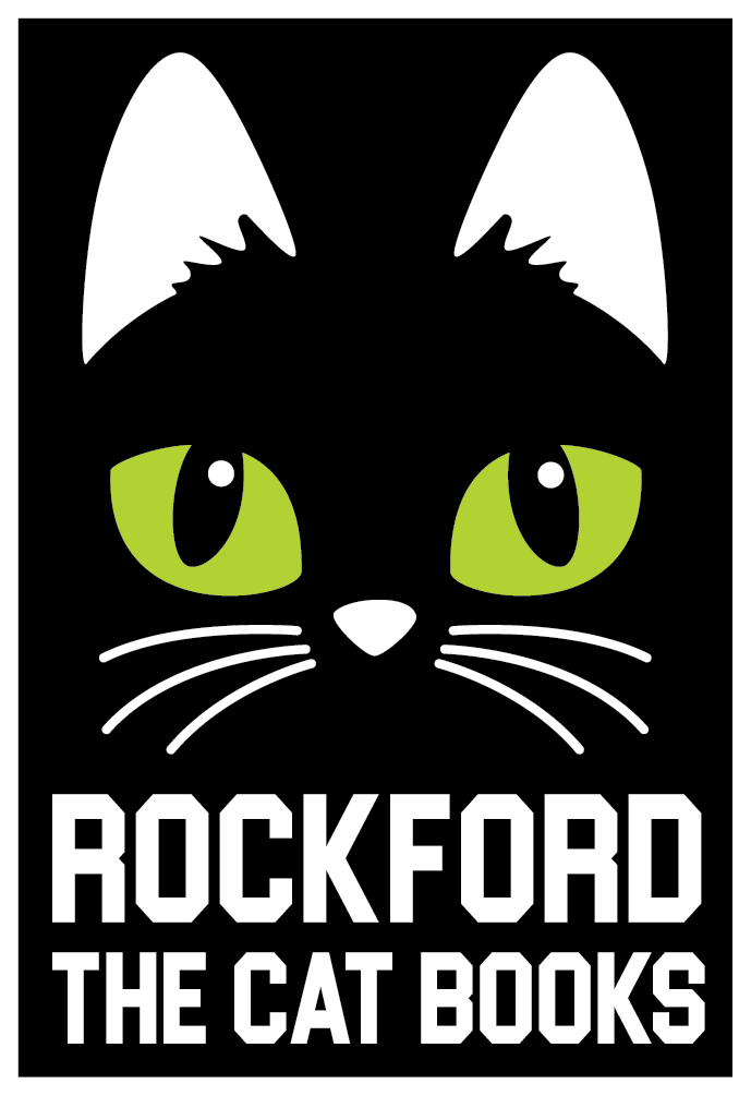 Rockford the Cat Books logo with black cat with green eyes